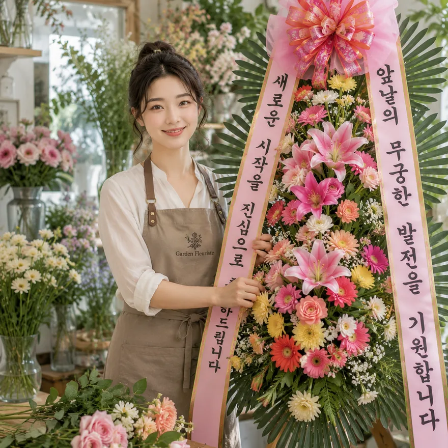 개업식 앞에 놓인 축하 화환